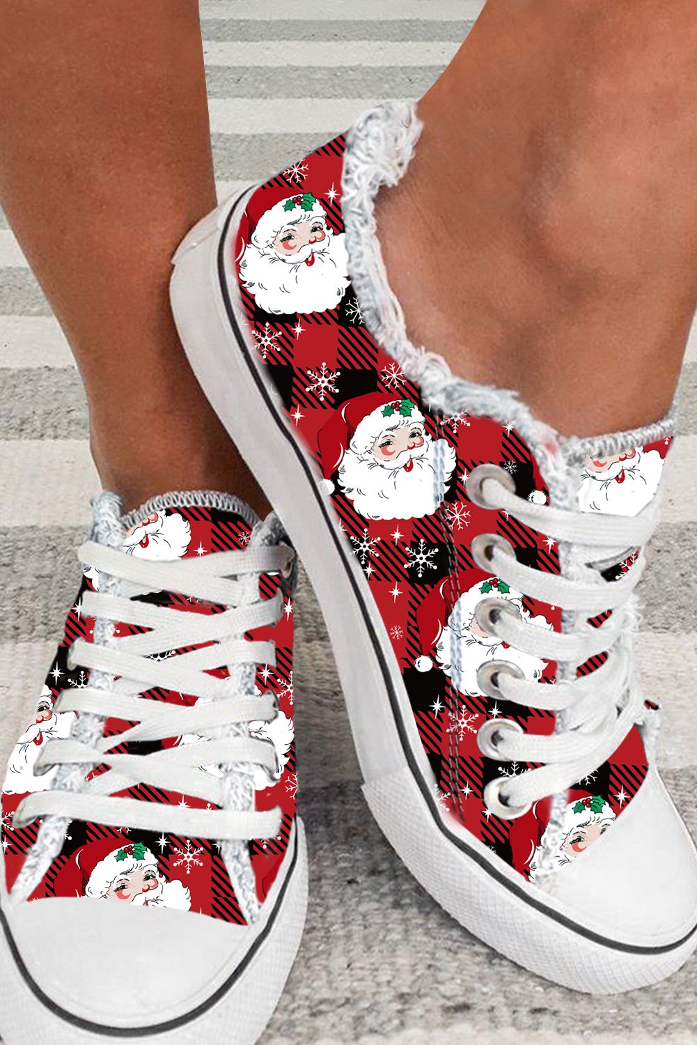 Red Buffalo Plaid Santa Claus Print Flat Canvas Shoes — image 00