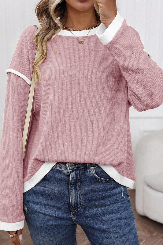 Light Pink Contrast Color Trim Knit Drop Shoulder Loose Top — image 00