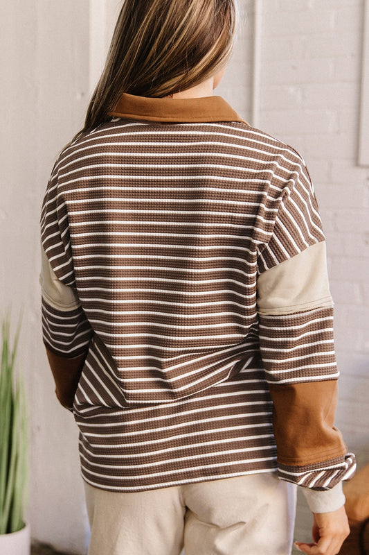Brown Stripe Collar V Neck Color Block Pullover Top — image 01