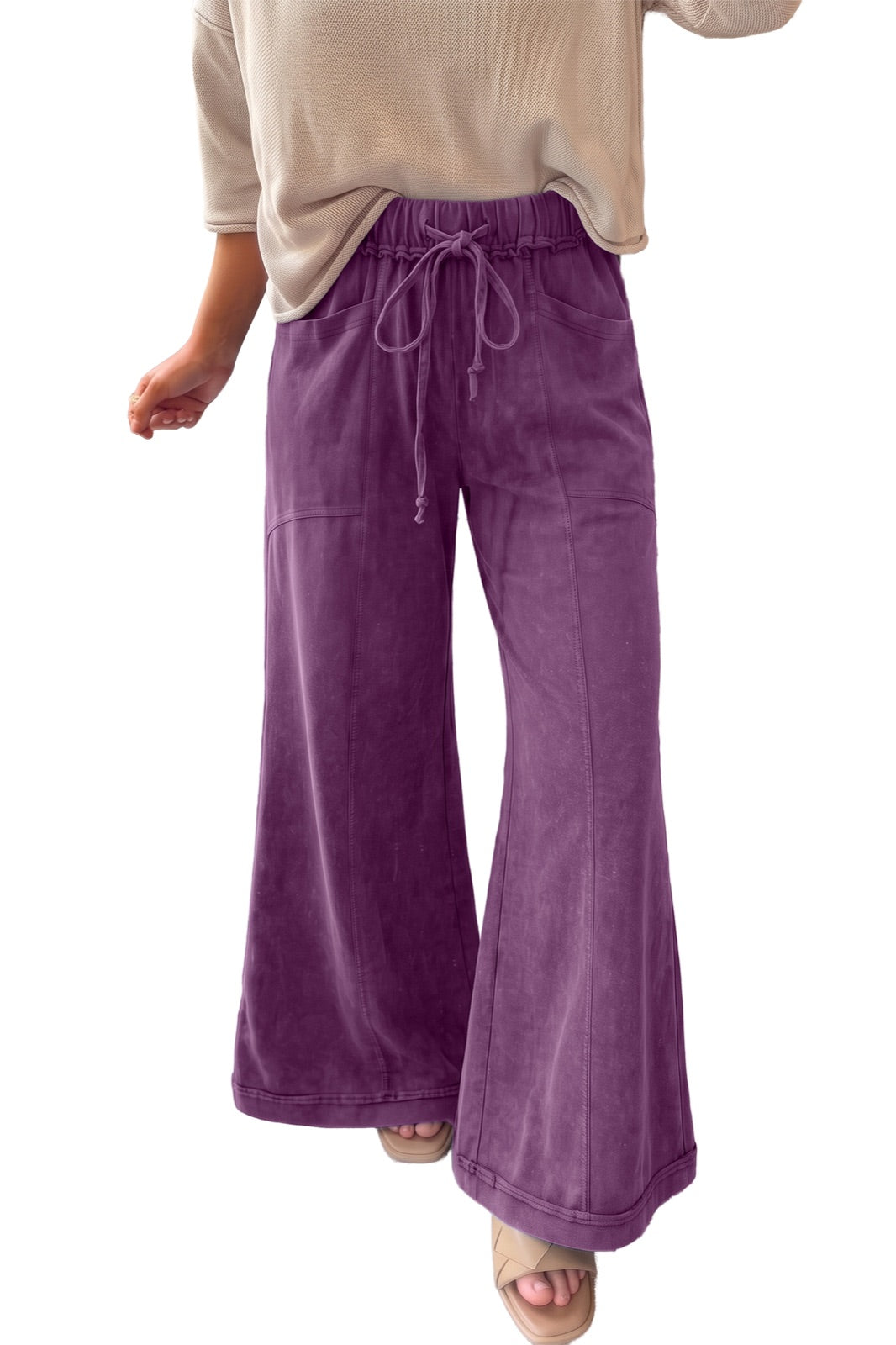 Mineral Wash Seam Detail Flare Leg Drawstring Pants — image 02