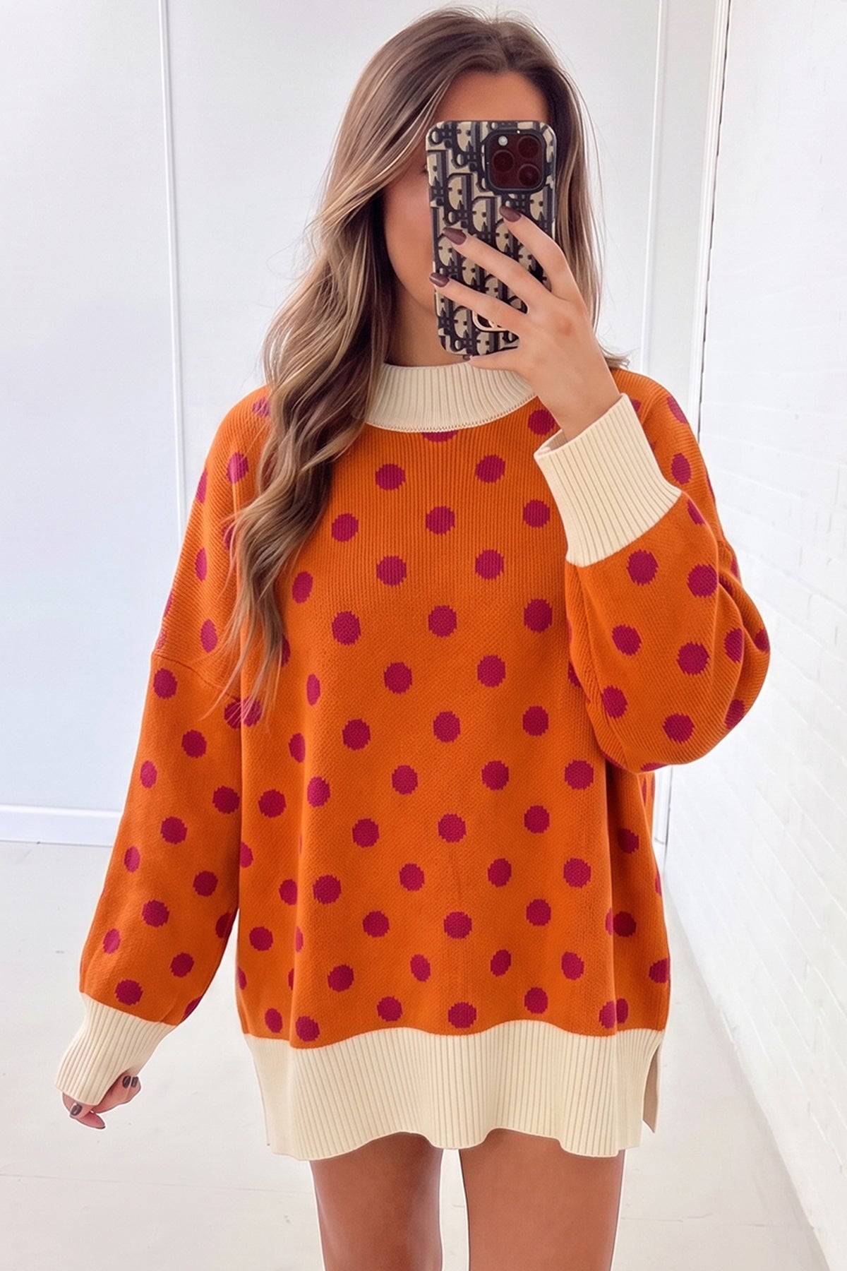 Orange Polka Dot Pattern Ribbed Colorblock Trim Split Tunic Sweater — image 02