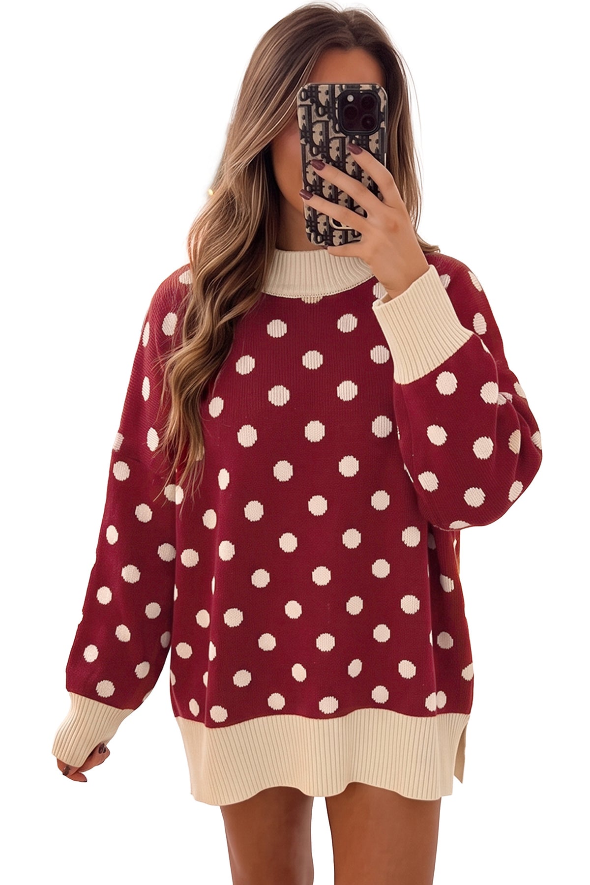Red Polka Dot Pattern Ribbed Colorblock Trim Split Tunic Sweater — image 03
