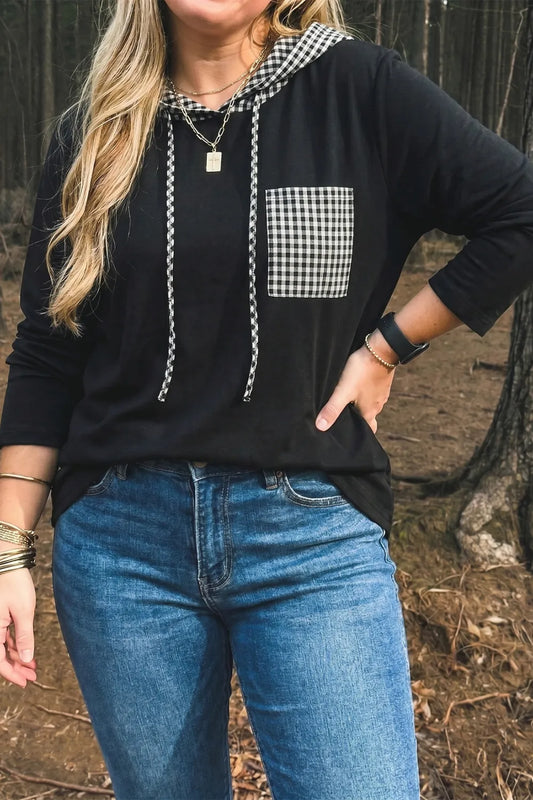 SHIPS FREE TODAY // Black Hooded Gingham Pocket Shirt PLUS SIZE