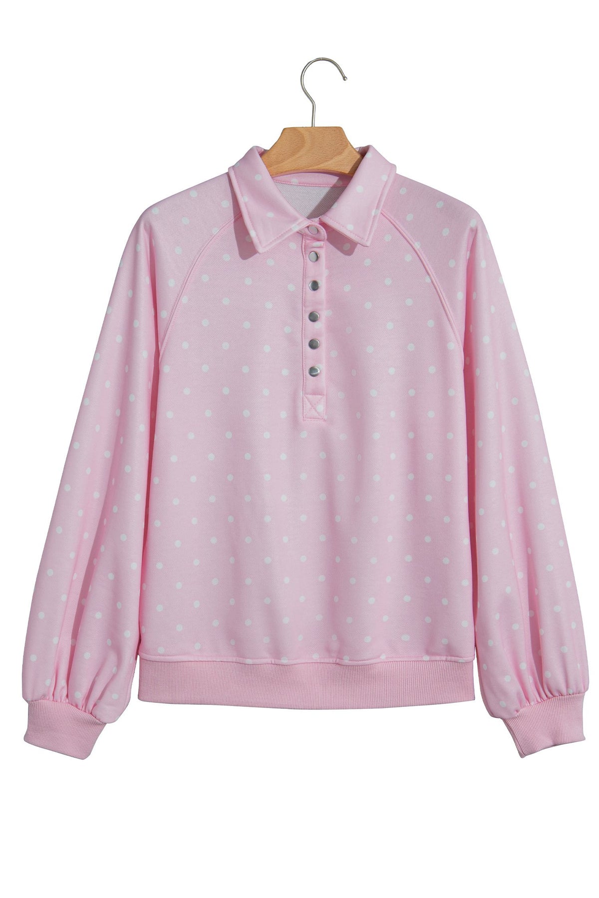 Pink Polka Dot Print Metal Button Collar Casual Pullover Sweatshirt — image 11