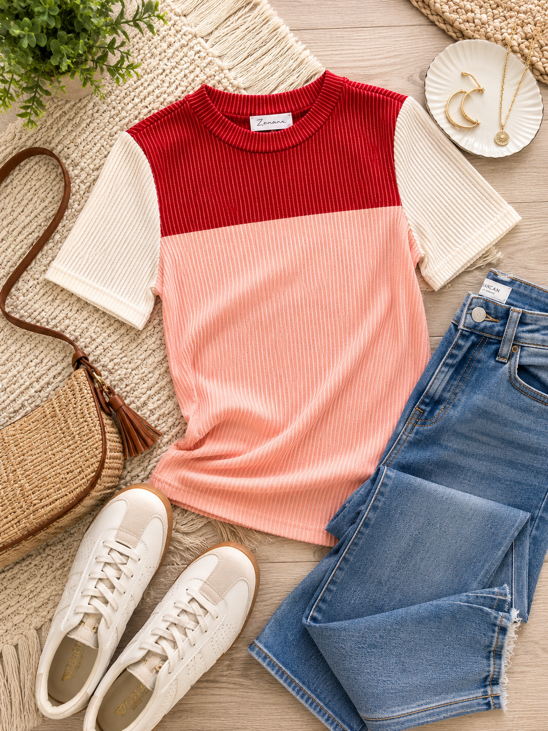 *free ship today*// Pink Rose Rib Textured Colorblock Top