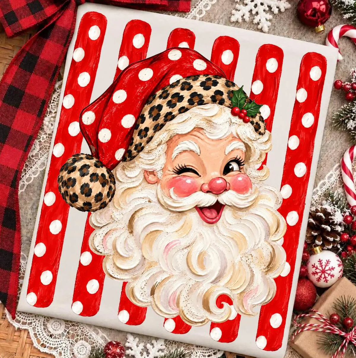 Christmas Polka Stripe Vintage Santa Design (White)