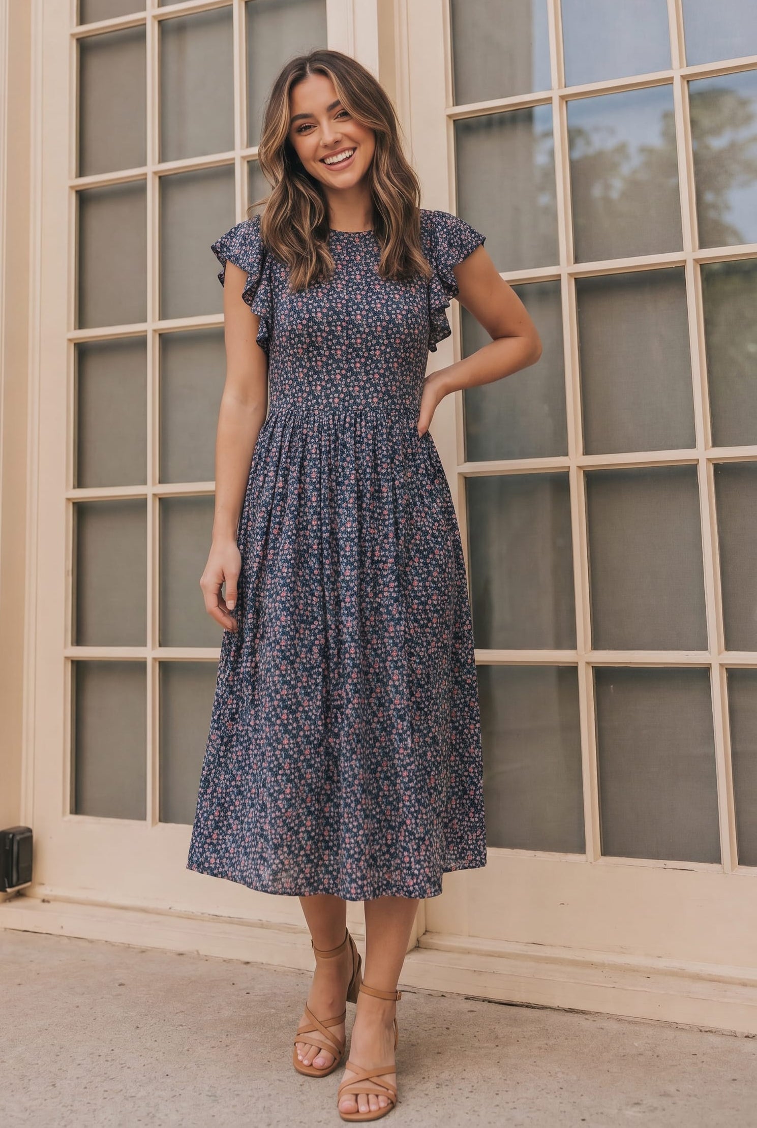 Black Floral Flutter Sleeve Midi Dress, M