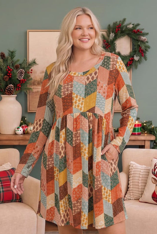 Patchwork Charm Long Sleeve Babydoll Dress