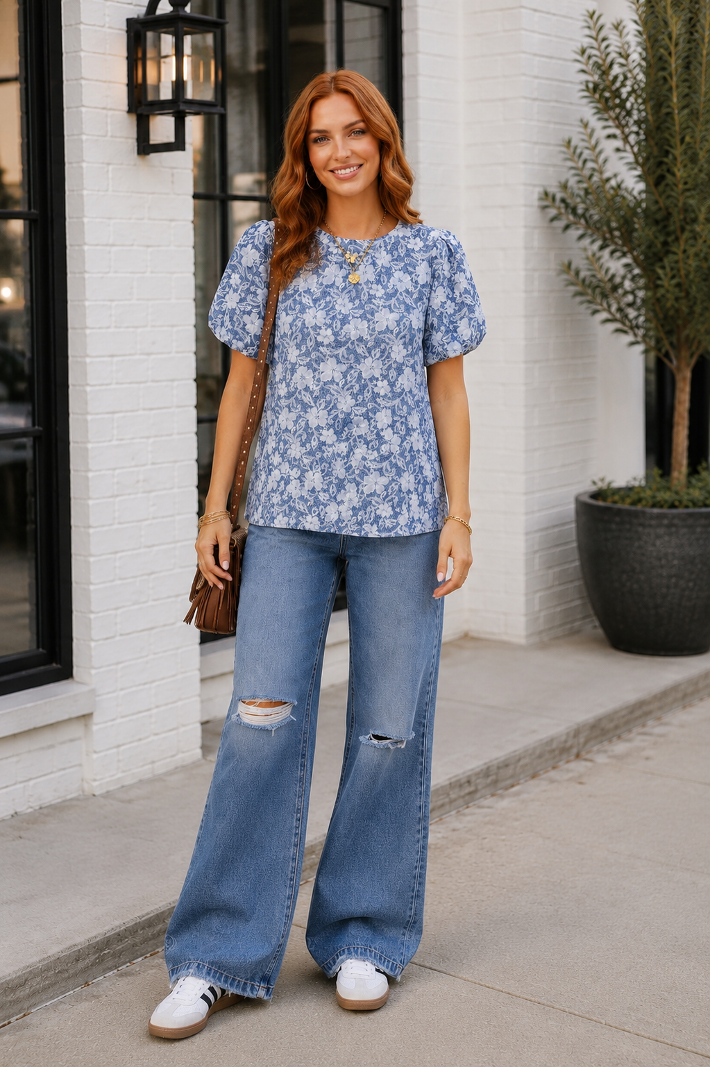 Something Blue Lace Textured Puff Sleeve Top