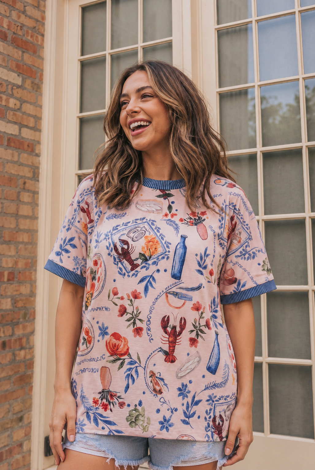 Lobster & Blooms Printed Ringer Tee