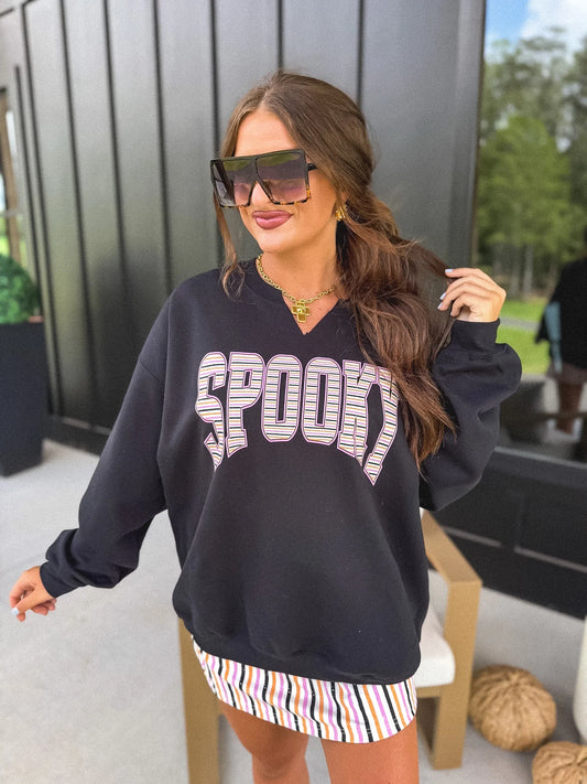 PREORDER // SPOOKY Stripes SPLIT NECK Graphic Crewneck on Black // ships in 2-3 weeks