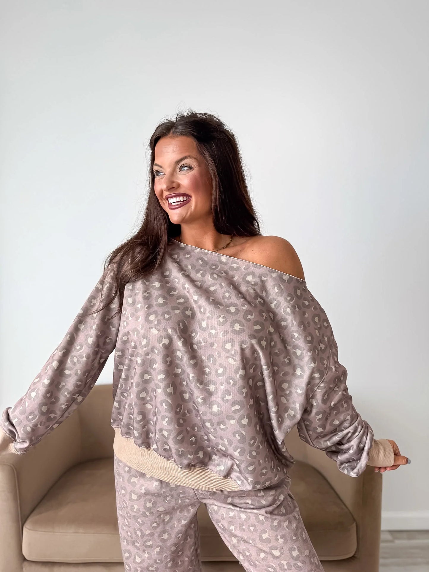 PREORDER: Off Shoulder Slouchy Pullover in Toasted Toffee Leopard // eta Nov - early Dec