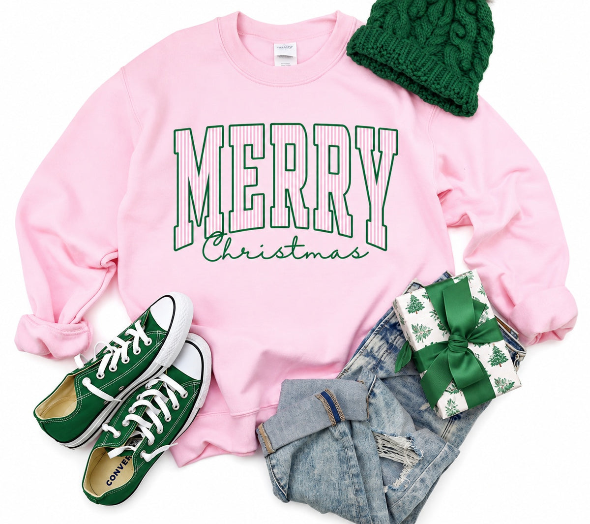 Merry Christmas Stripes Sweatshirt in Pink