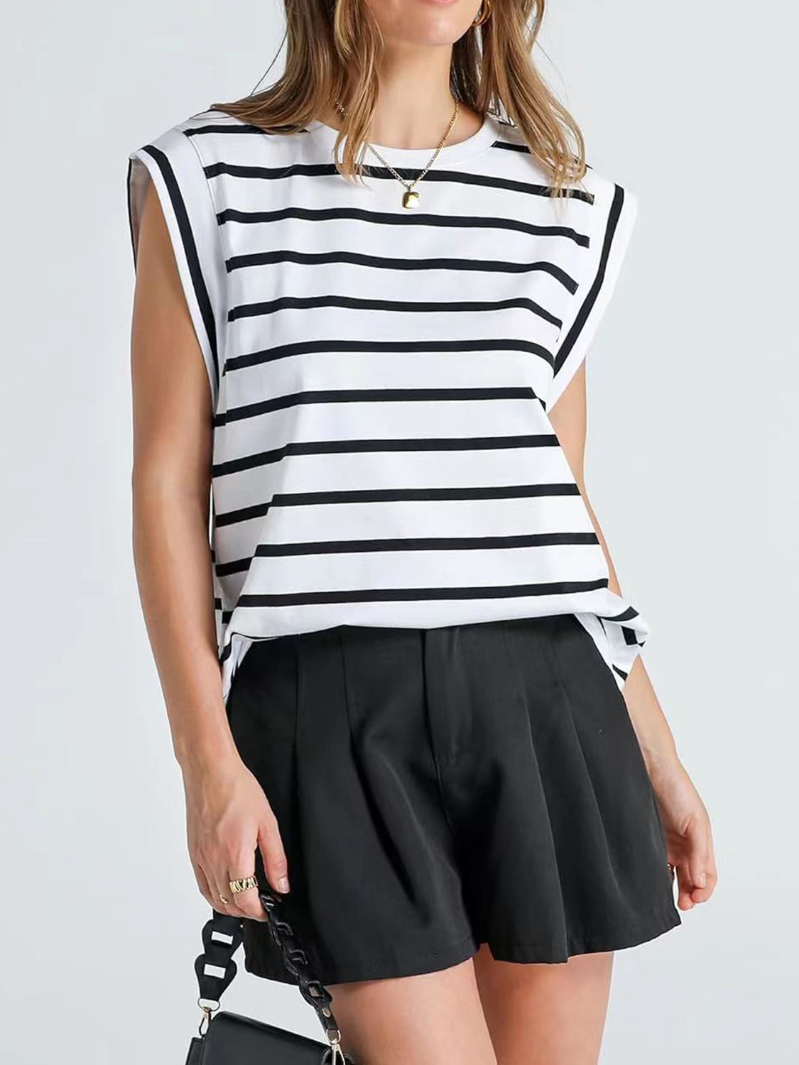Striped Round Neck Cap Sleeve Top