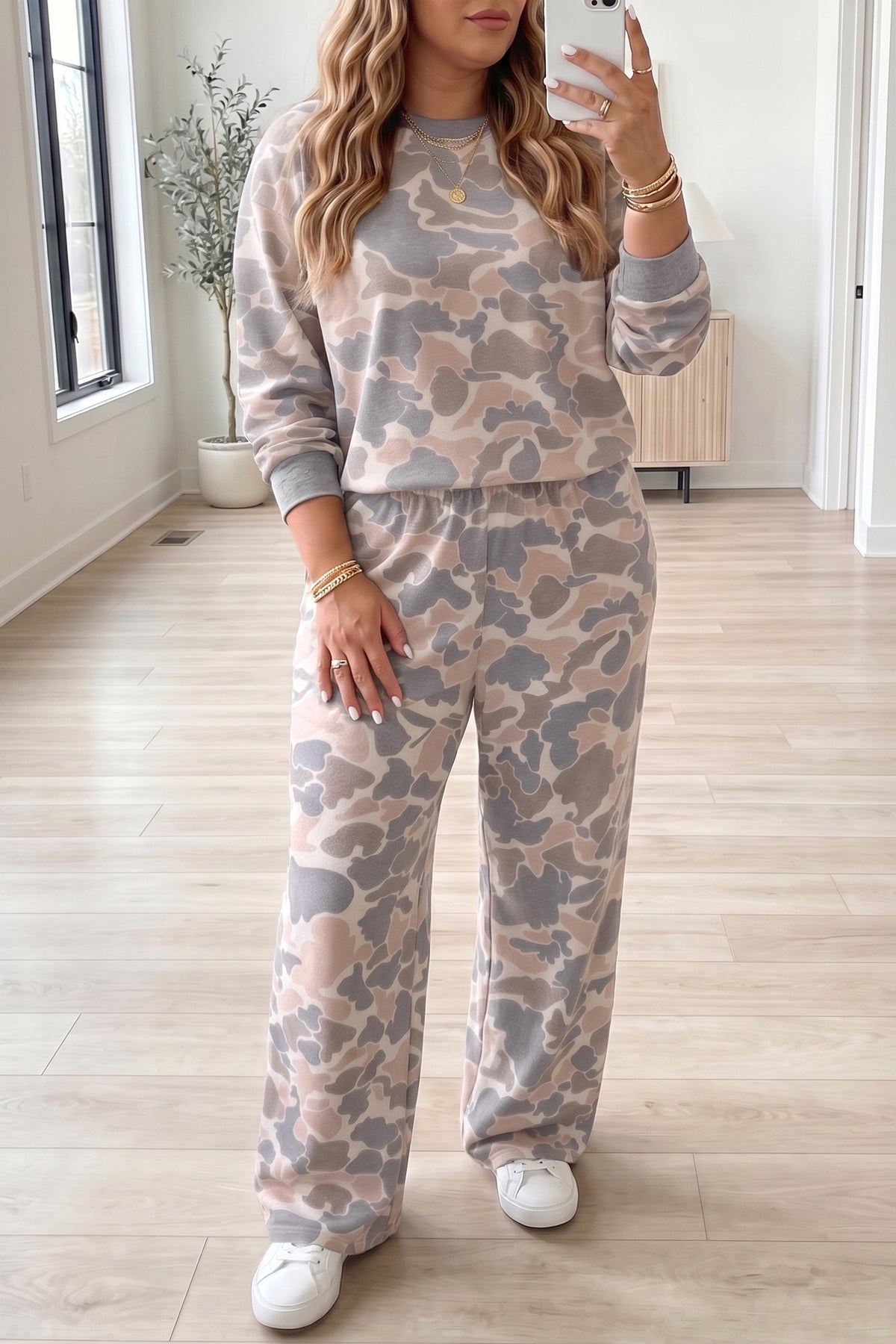 Multicolor Camouflage Print Long Sleeve Top Loose Two-Piece Pant Set — image 00