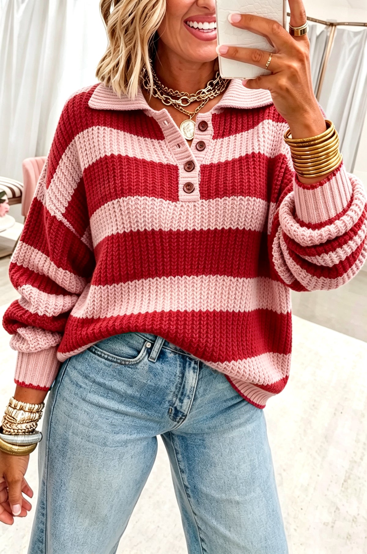 Racing Red Button Collar Relaxed Pullover Sweater — image 00