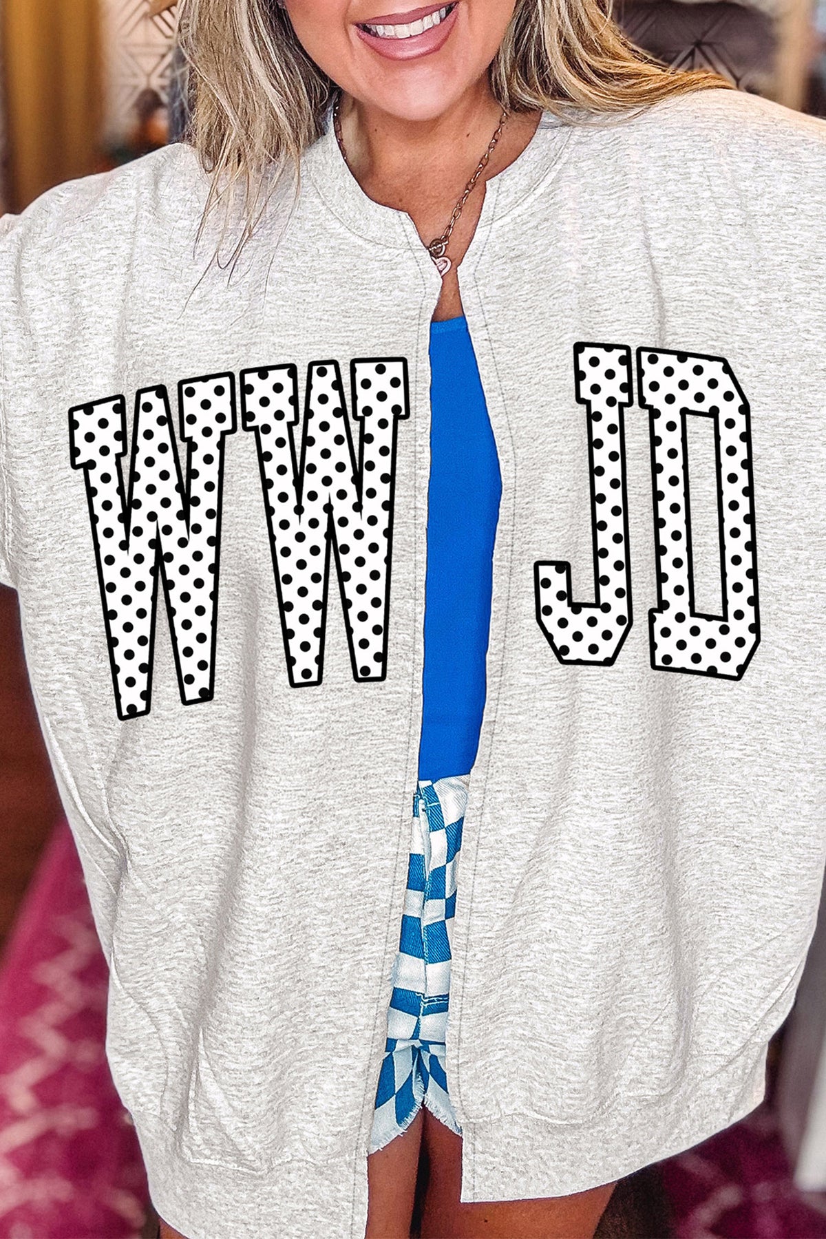 PREORDER // Light Grey WWJD Polka Dot Open Front Tunic Sweatshirt // ETA mid November — image 00