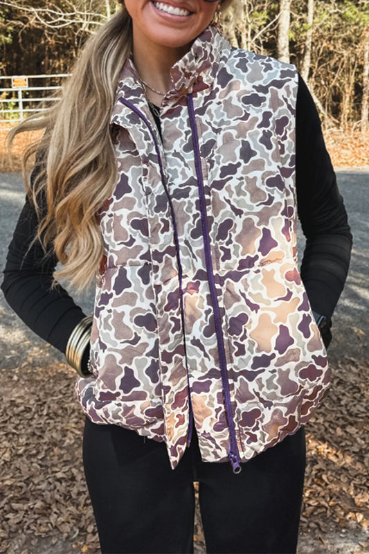 Purple Camo Puffer Zip-Up Stand Neck Sleeveless Vest — image 00