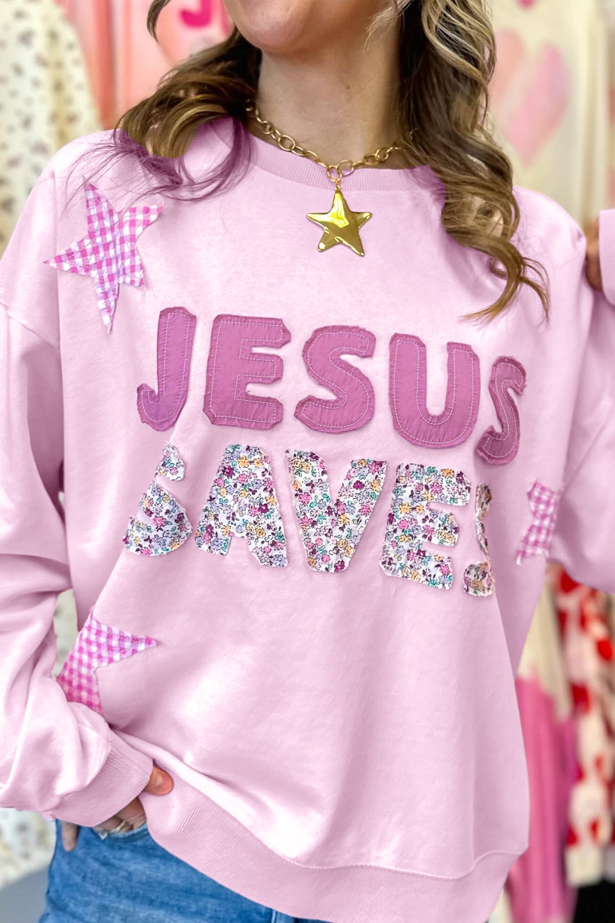 Pink JESUS SAVES Patchwork Stars Plaid Floral Letters Baggy Sweatshirt — image 00