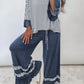 Stripe V-Neck Ruffle Contrast Sleeve Top + Drawstring Pants Set — image 00