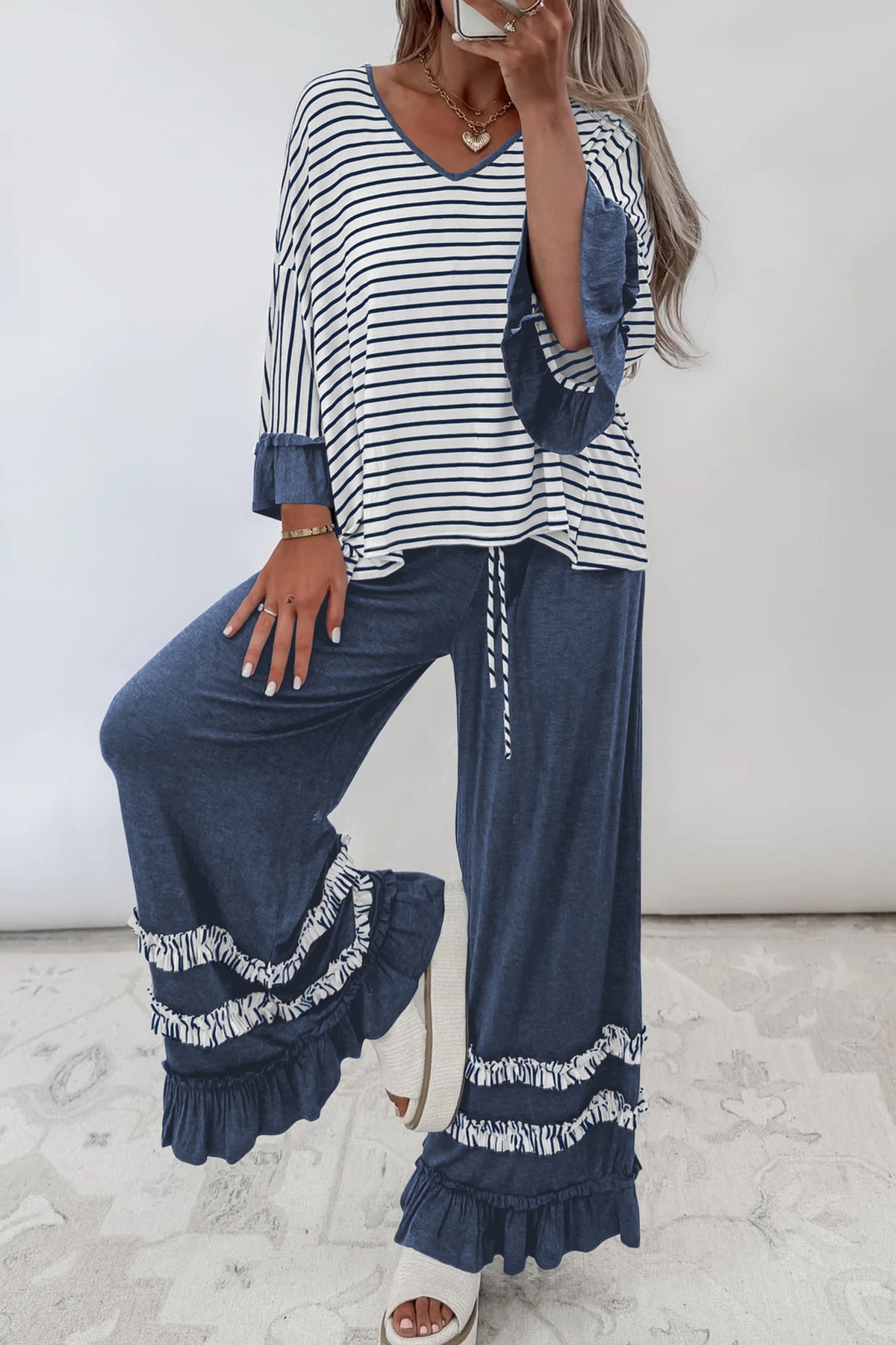 Stripe V-Neck Ruffle Contrast Sleeve Top + Drawstring Pants Set — image 00