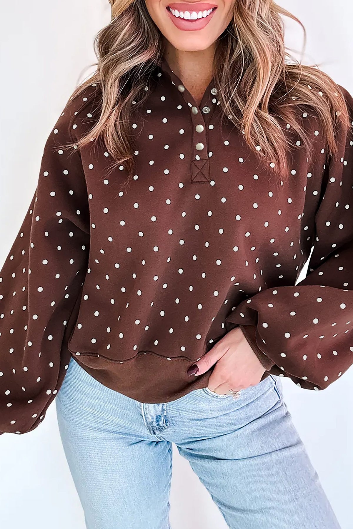 Brown Polka Dot Print Metal Button Collar Casual Pullover Sweatshirt — image 00