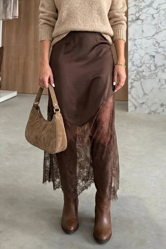 PREORDER // Dark Brown Lace Patchwork Hem Long Skirt // ETA November — image 00