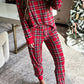 Red Festive Plaid Ribbed Trim Round Neck Long Sleeve Top Comfy Lounge Pant Set — image 00