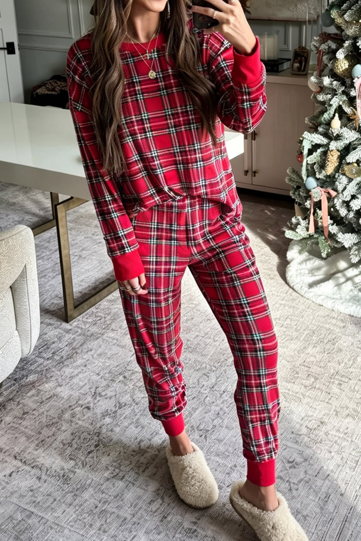 Red Festive Plaid Ribbed Trim Round Neck Long Sleeve Top Comfy Lounge Pant Set — image 00