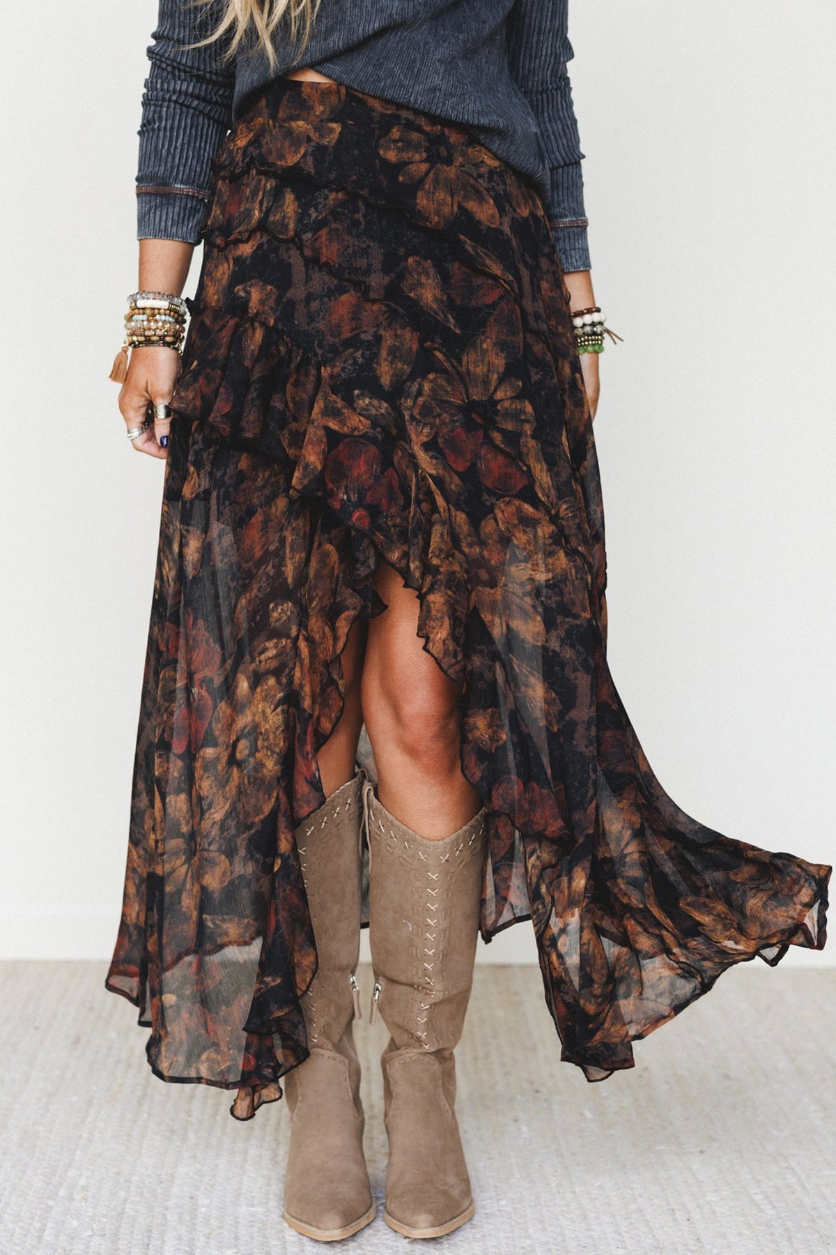 PREORDER // Brown Floral Print Ruffle Split Hem Flowy Long Skirt // ETA 11/19 — image 00