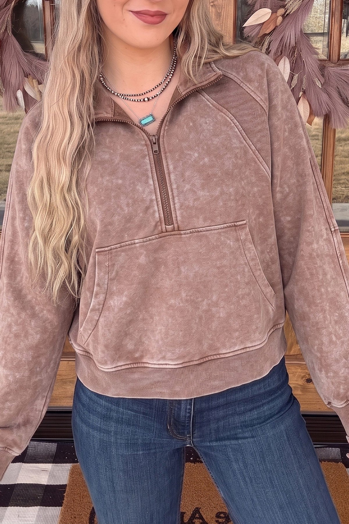 Chestnut Vintage Half-Zip Long Sleeve Ribbed Cuffs Hem Shift Silhouette Sweatshirt — image 00