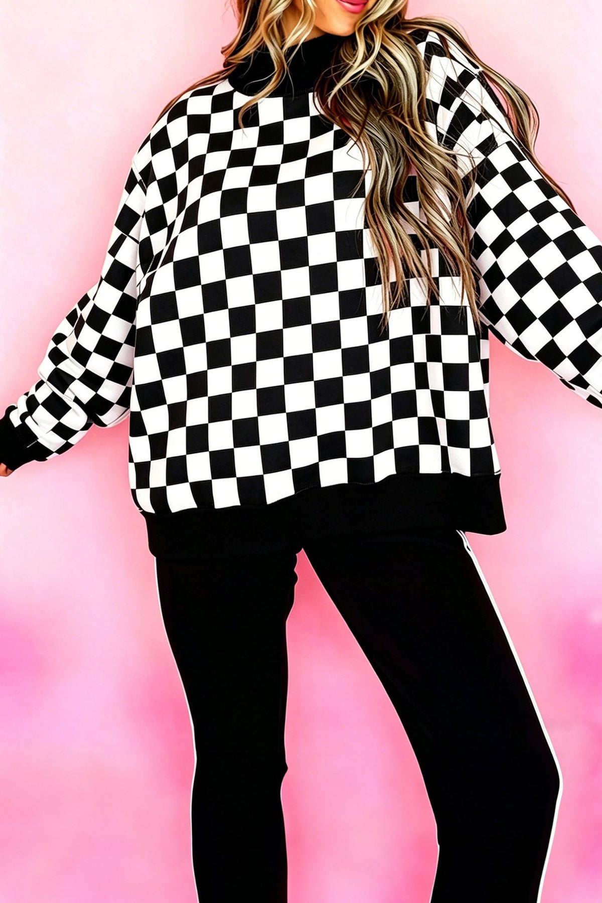 Black Checkered Print High Neck Baggy Sweatshirt — image 00
