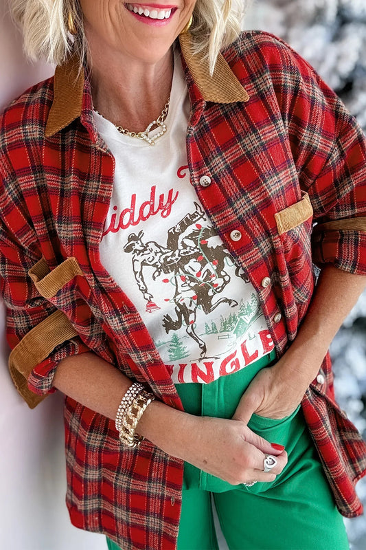 Red Plaid Color Block Collared Button Shacket — image 00