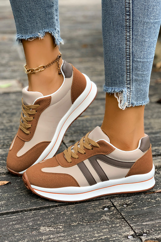 Brown Varsity Color Block Patchwork Lace-up PU Leather Sneakers — image 00