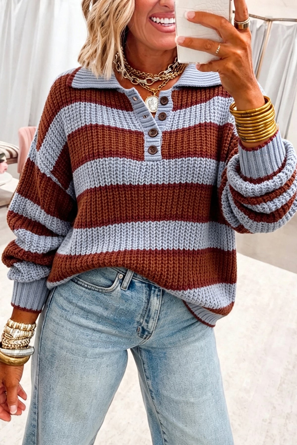 Racing Red Button Collar Relaxed Pullover Sweater — image 00