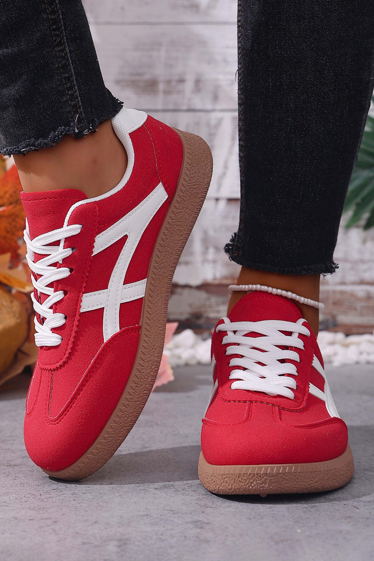 Racing Red Faux Suede Contrast Patchwork Detail Lace Up Flat Sneakers — image 00