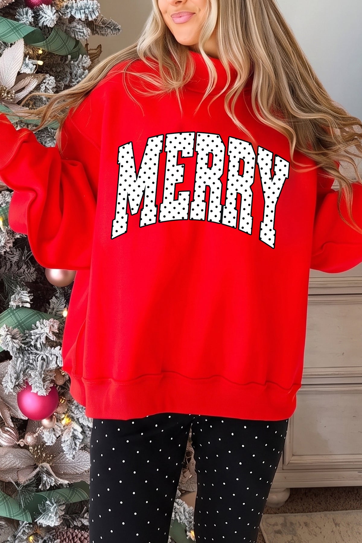 Racing Red Polka Dot MERRY Mock Neck Tunic Sweatshirt — image 00