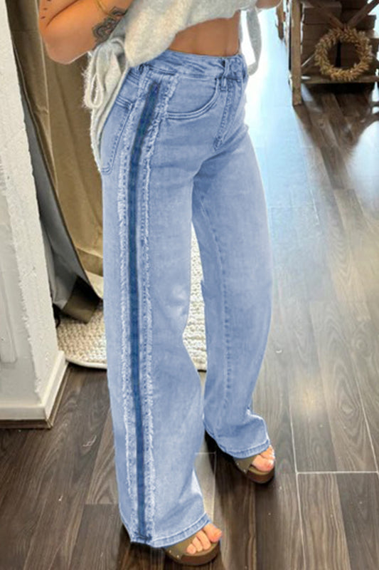 Beau Blue Contrast Stripe Frayed Side Panel Patchwork Shift Jeans — image 00