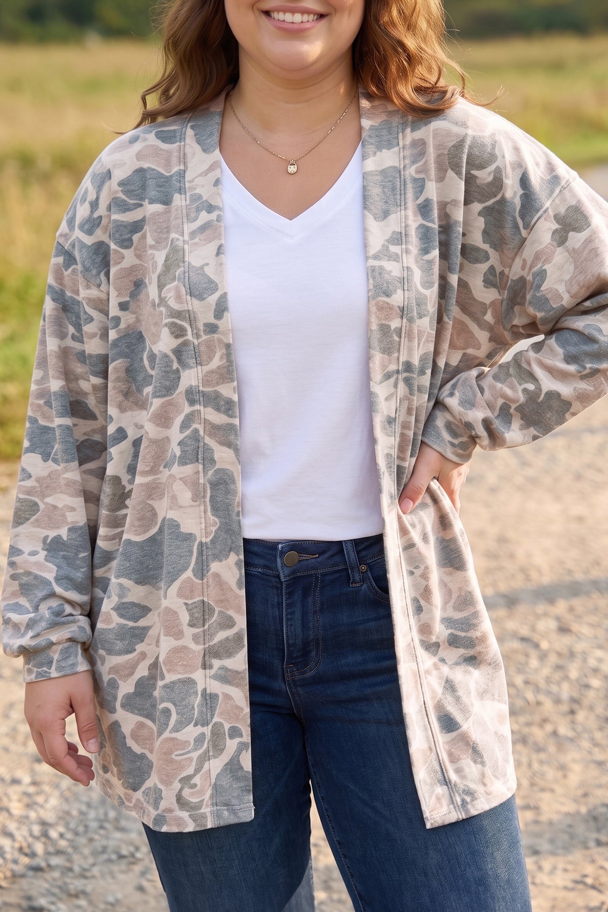 Multicolor Camouflage Print Long Sleeve Open Front Tunic Cardigan — image 00