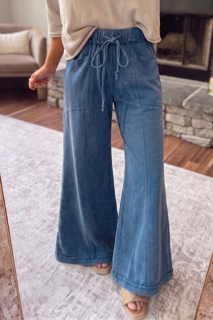 Mineral Wash Seam Detail Flare Leg Drawstring Pants — image 00
