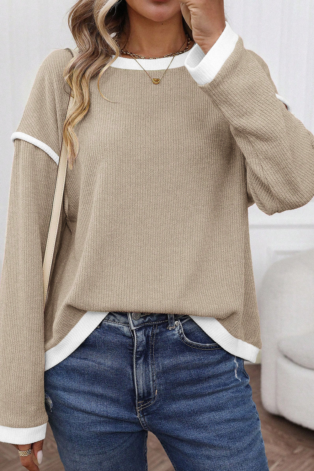 Light Pink Contrast Color Trim Knit Drop Shoulder Loose Top — image 00