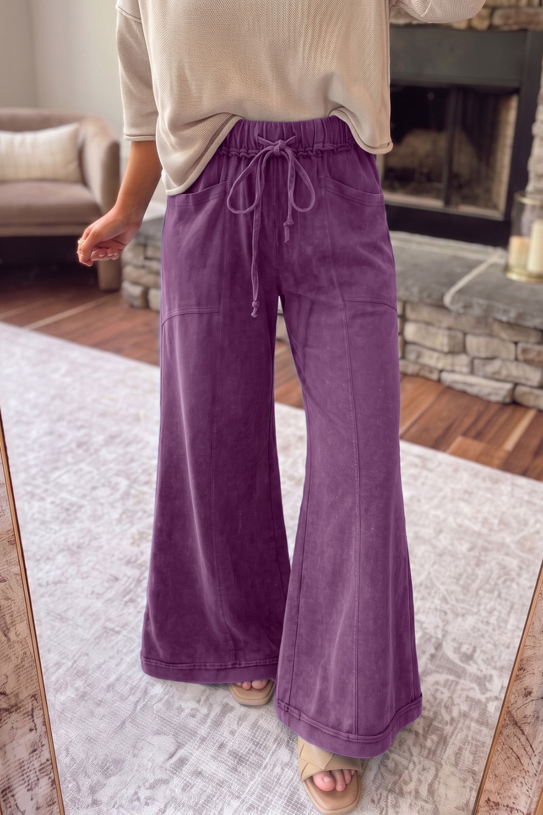 Mineral Wash Seam Detail Flare Leg Drawstring Pants — image 00