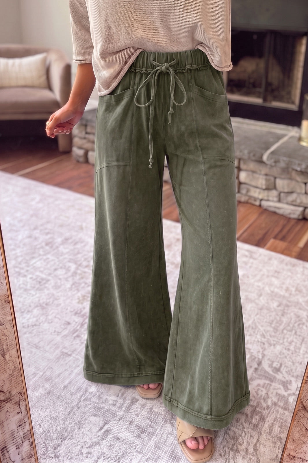 Mineral Wash Seam Detail Flare Leg Drawstring Pants — image 00