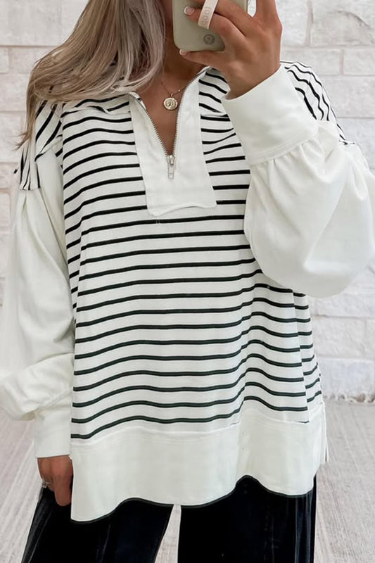 White Stripe Color Block Puff Sleeve Zip Collar Top — image 00