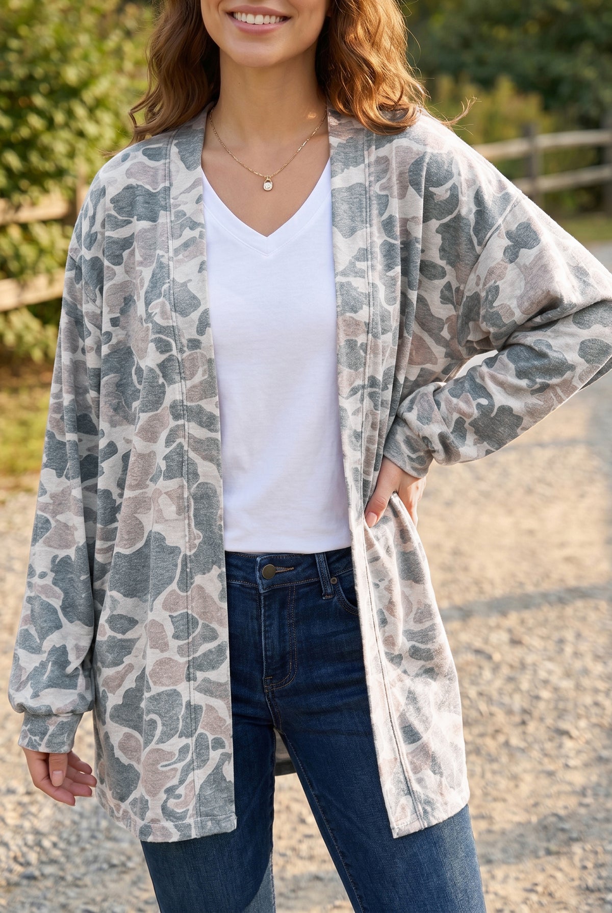 Multicolor Camouflage Print Long Sleeve Open Front Tunic Cardigan — image 00