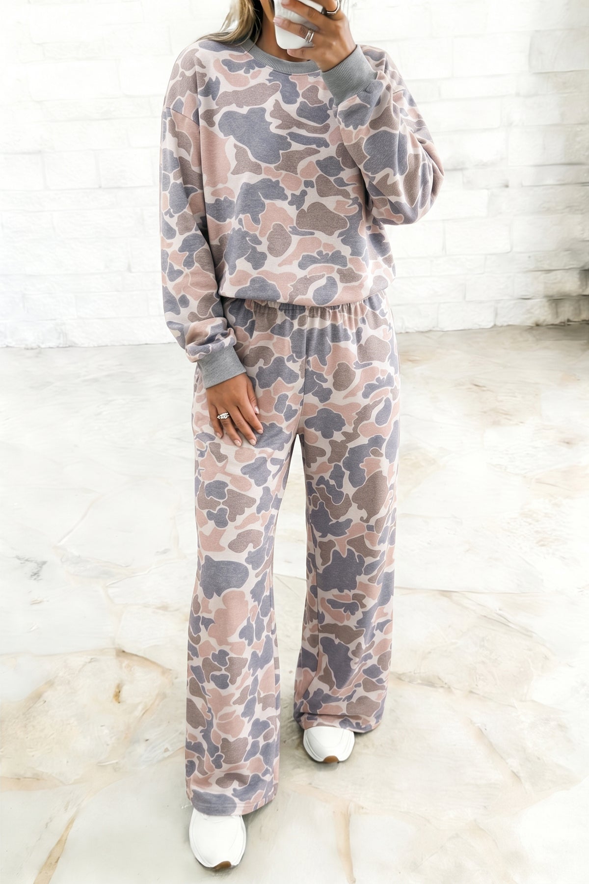 Multicolor Camouflage Print Long Sleeve Top Loose Two-Piece Pant Set — image 00