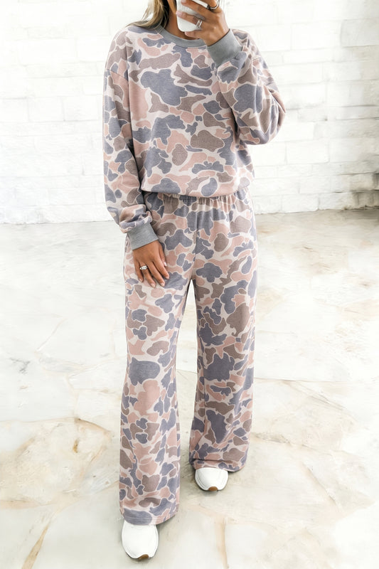 Multicolor Camouflage Print Long Sleeve Top Loose Two-Piece Pant Set — image 00