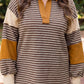 Brown Stripe Collar V Neck Color Block Pullover Top — image 00