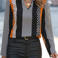 Orange Geo Print Colorblock Notched V Neck Blouse — image 00