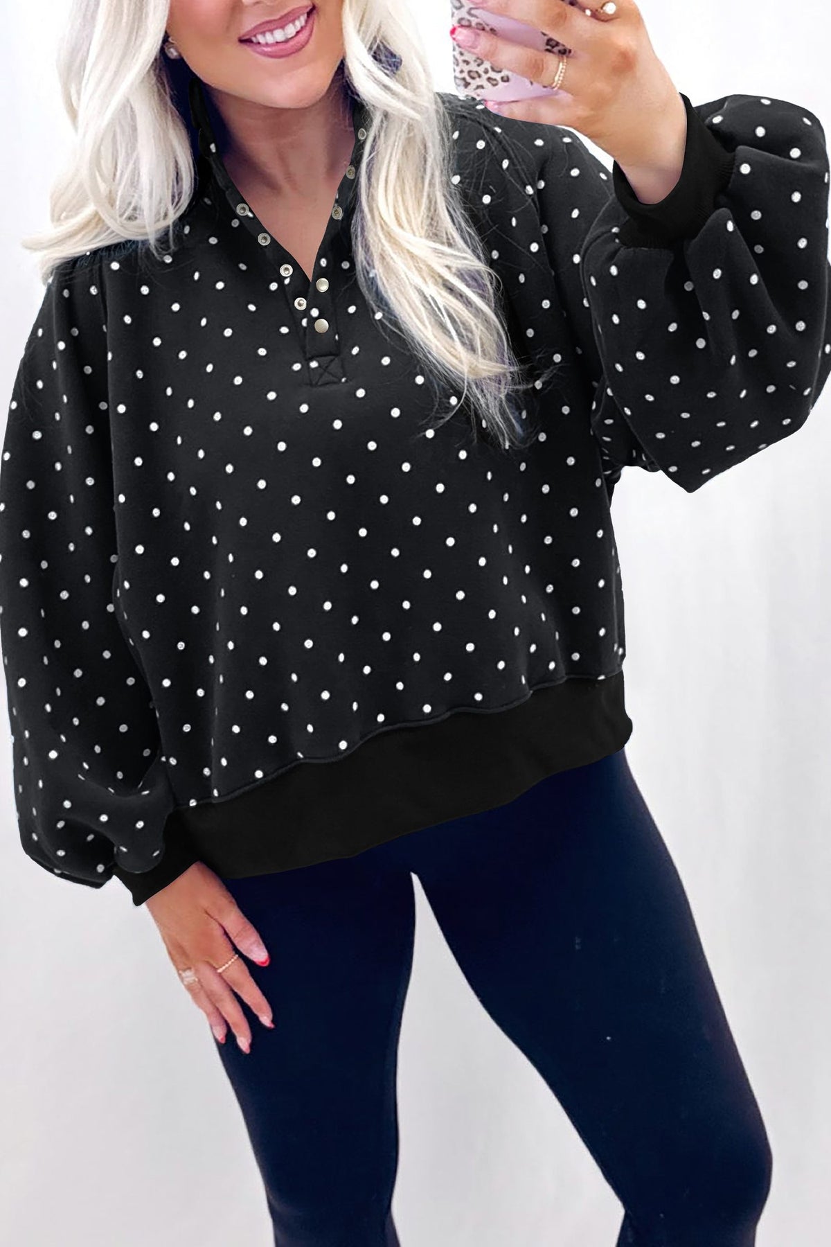Black Polka Dot Print Metal Button Collar Casual Pullover Sweatshirt — image 00